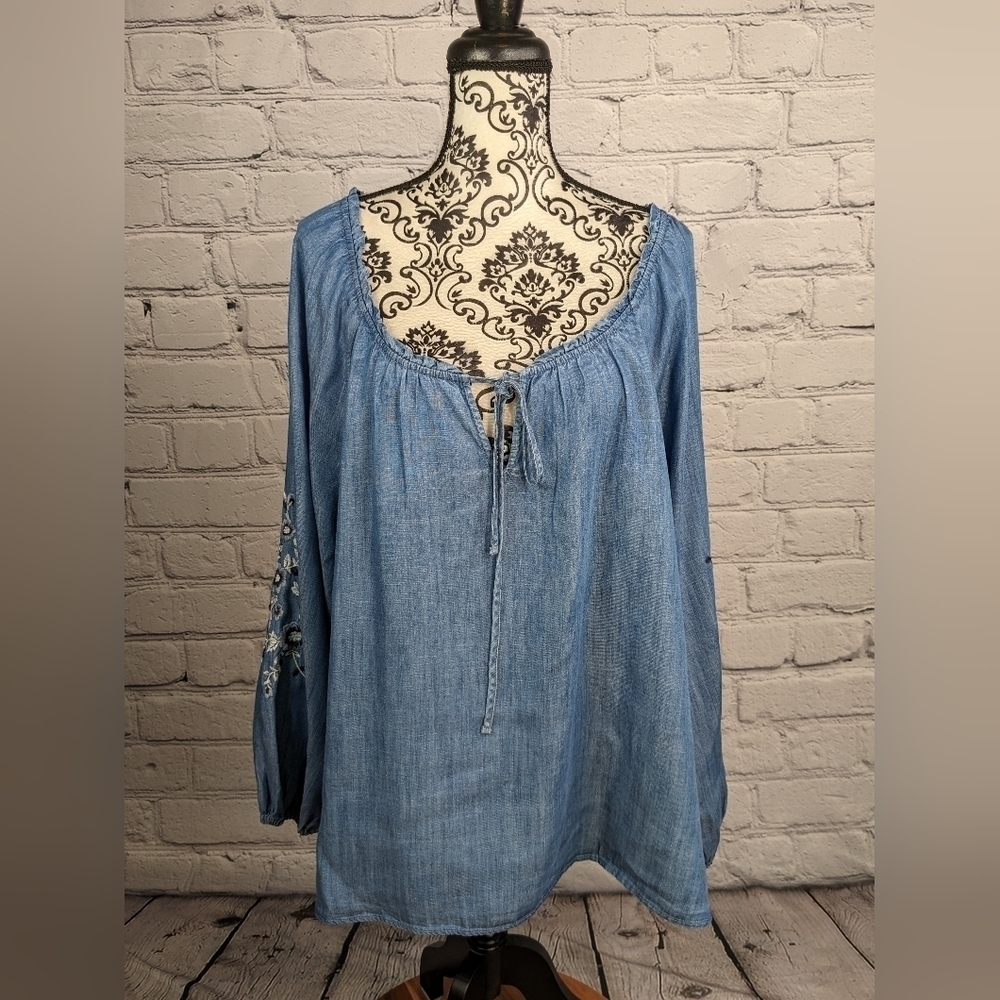 Lauren Conrad women's tie front popover chambray floral stitch top size xxl bb17